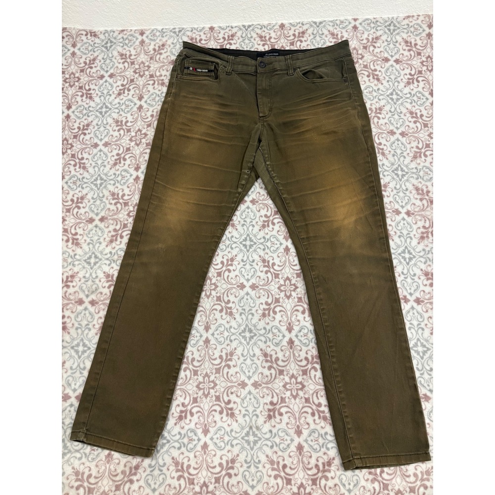 Fried Denim Slim Fit Pants Mens 36x32 Olive Green Brown Wash Distressed Stretch